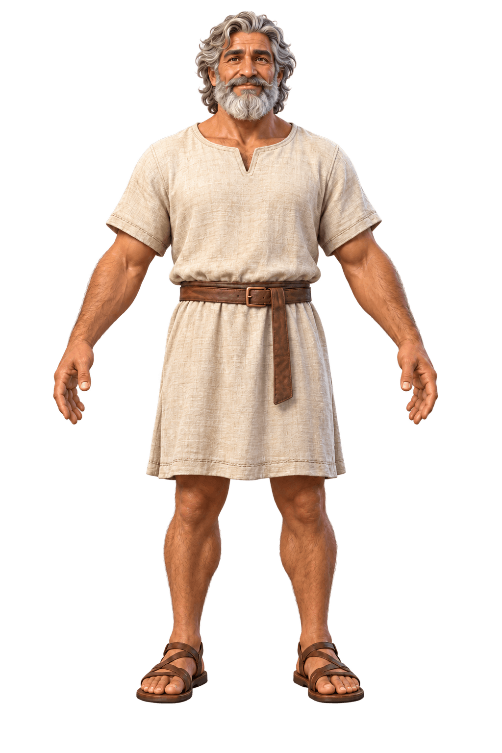 Noah character illustration: white-haired, bearded man in a cream tunic